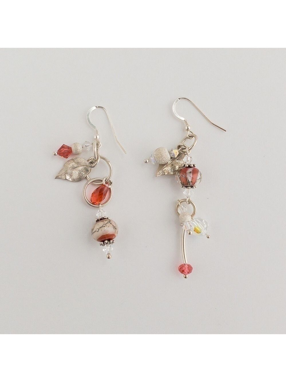 Sterling Silver Earrings Mismatch Pink Crystal Lampwork Beaded Drop Dangle